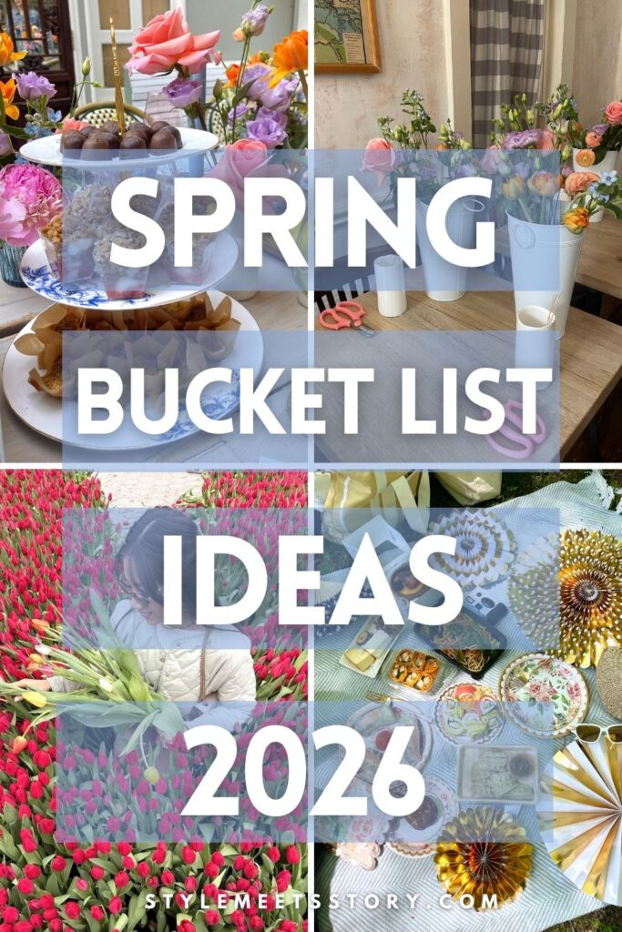 Pinterest pin featuring flowers and a picnic with Spring Bucket List Ideas text overlay.
