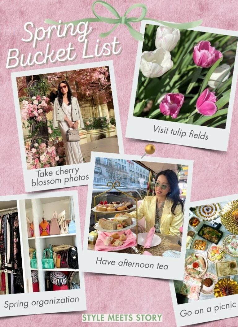 Collage of spring bucket list items, snapshots of tulip fields, cherry blossoms, afternoon tea, picnic, and closet.