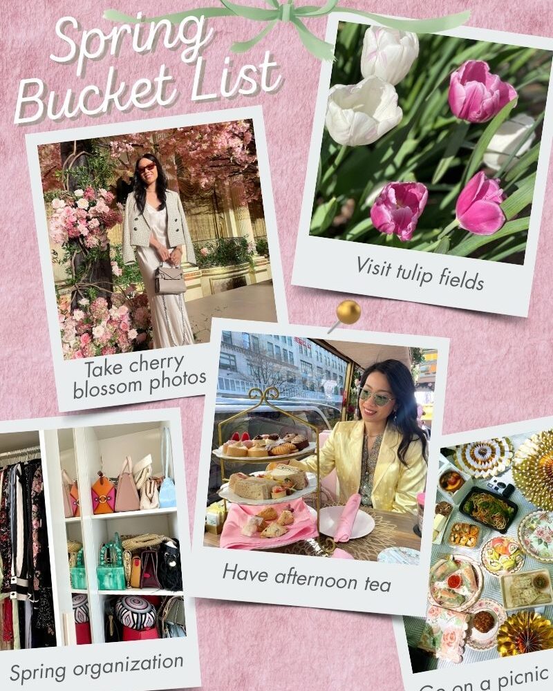 Collage of spring bucket list items, snapshots of tulip fields, cherry blossoms, afternoon tea, picnic, and closet.