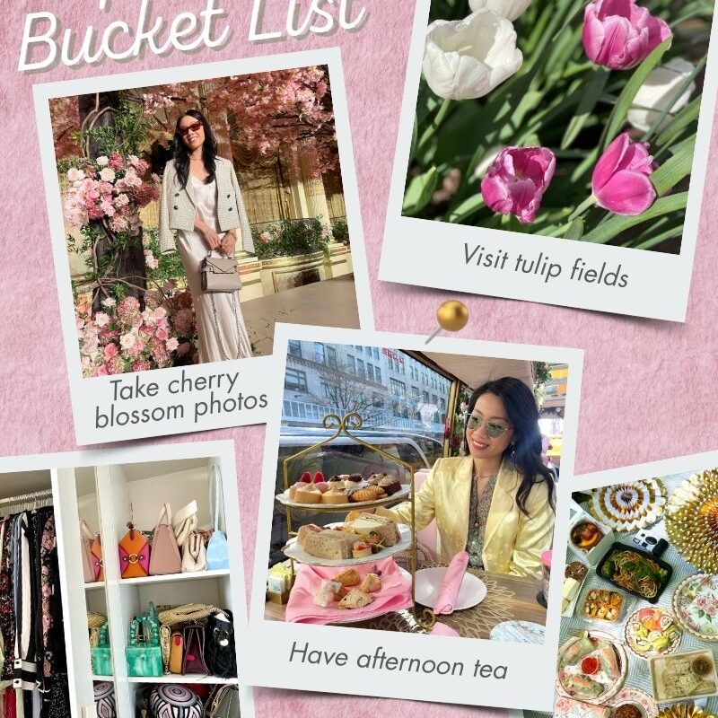 Collage of spring bucket list items, snapshots of tulip fields, cherry blossoms, afternoon tea, picnic, and closet.