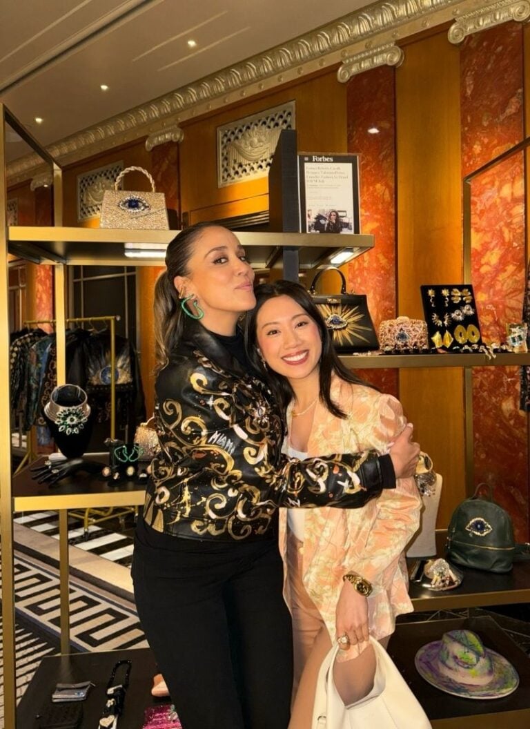 A selection of DAFNE Italy hand-painted leather jackets and accessories displayed at the Waldorf Astoria, New York City.