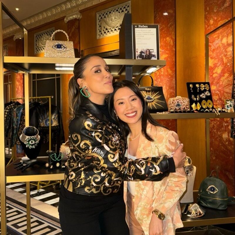 A selection of DAFNE Italy hand-painted leather jackets and accessories displayed at the Waldorf Astoria, New York City.